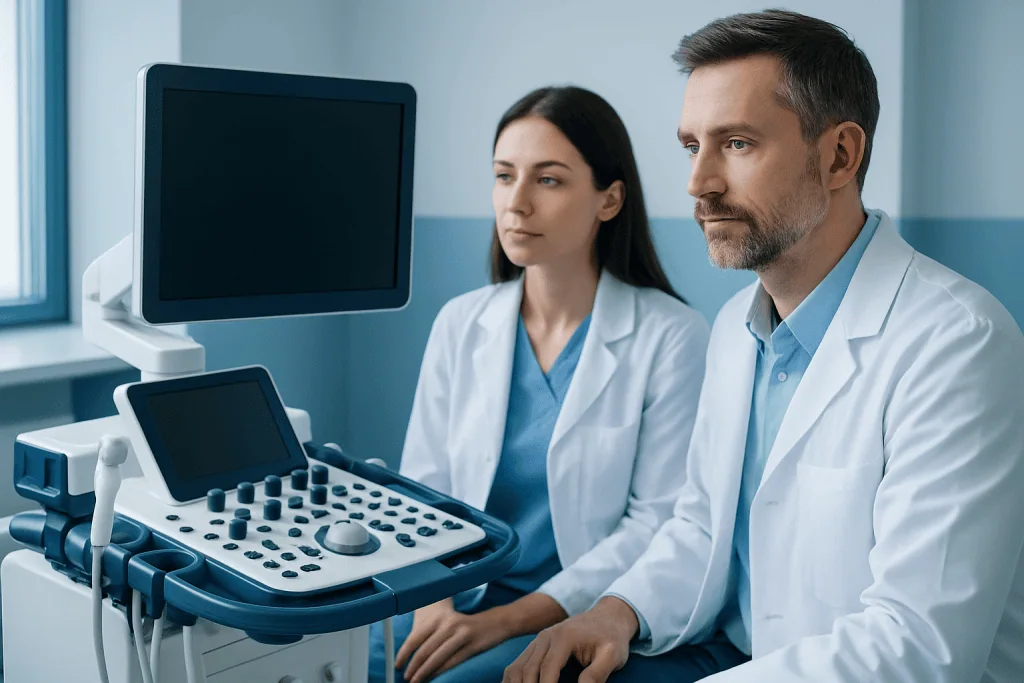 Medical professionals using ultrasound equipment in a hospital setting.
