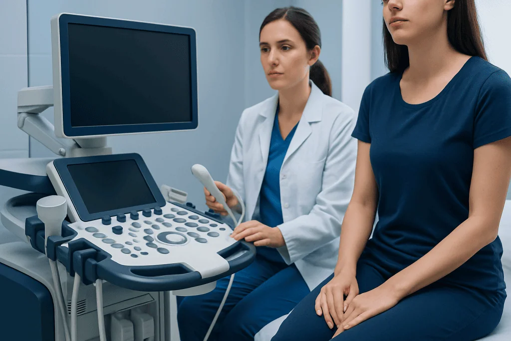 Medical ultrasound examination at a hospital with a female technician and patient.