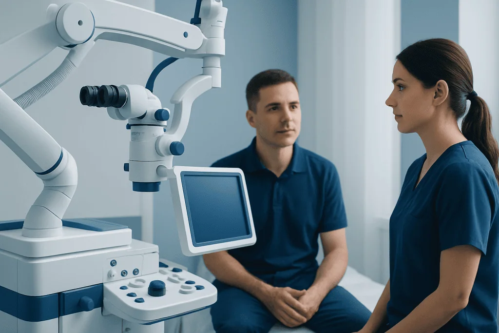 Neurologist consulting with patient using advanced medical equipment.