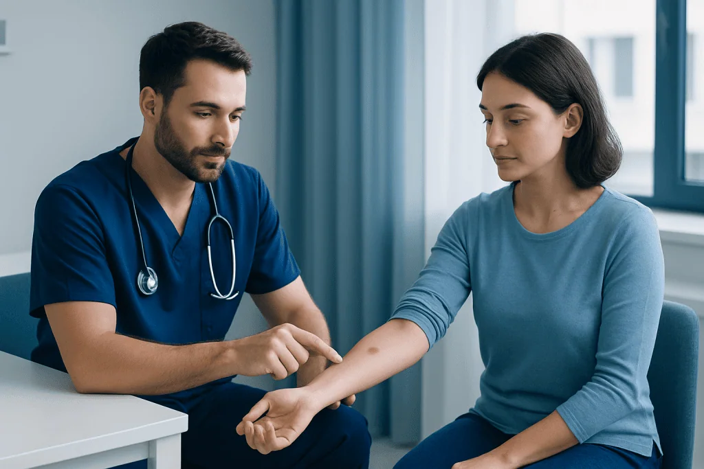 Doctor checking patient's arm for TB skin test reaction in clinic.