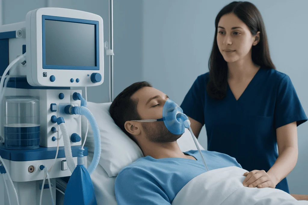 Patient in hospital bed with oxygen mask and medical monitor.