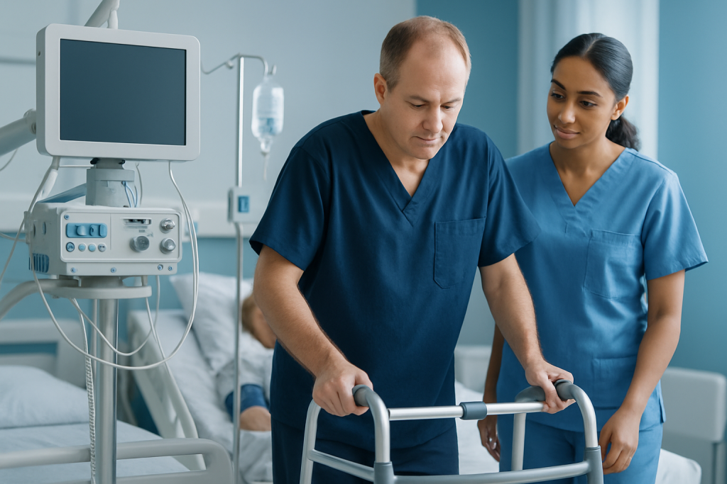 Medical professionals assisting a patient with a walker in a hospital room.