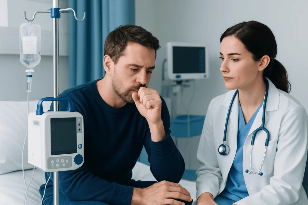 Patient consulting doctor in hospital room with medical equipment.
