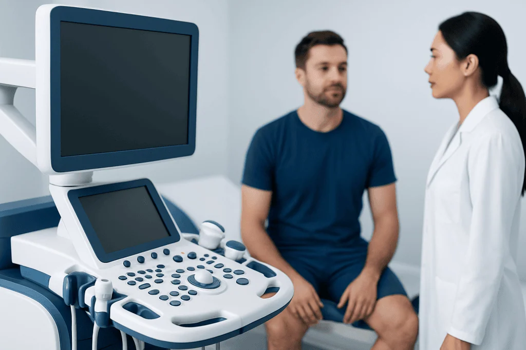 Medical consultation with ultrasound equipment at Acibadem Hospitals Group.