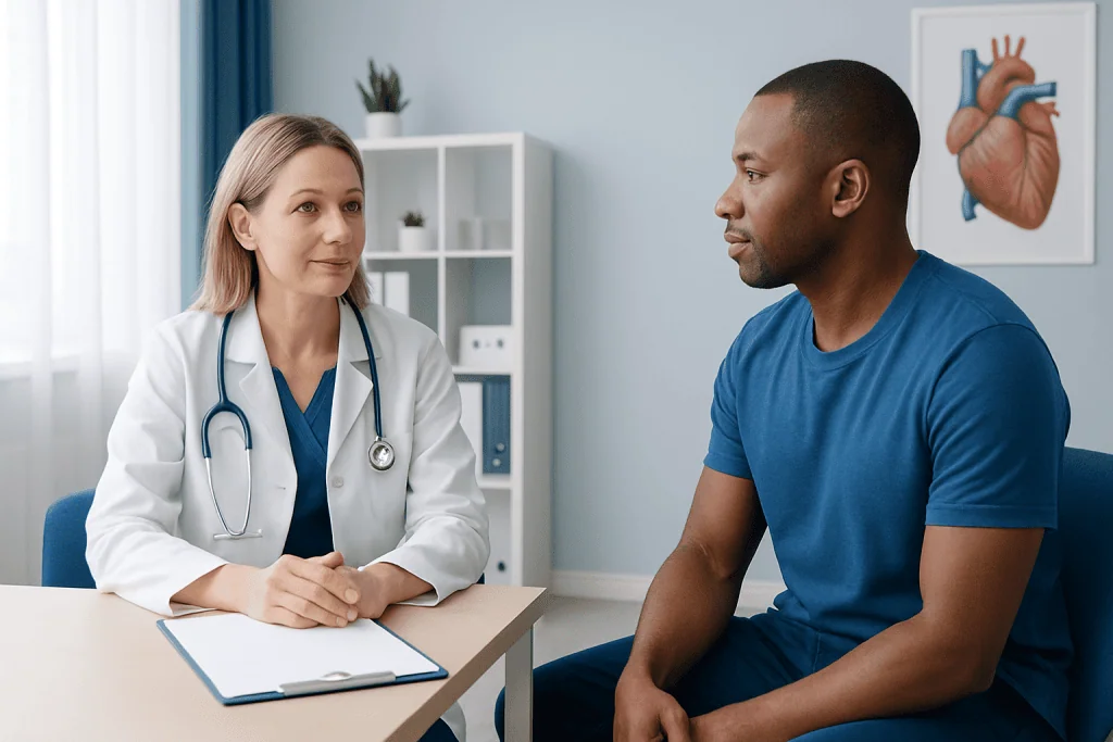 Doctor consulting with a male patient in a medical office setting.
