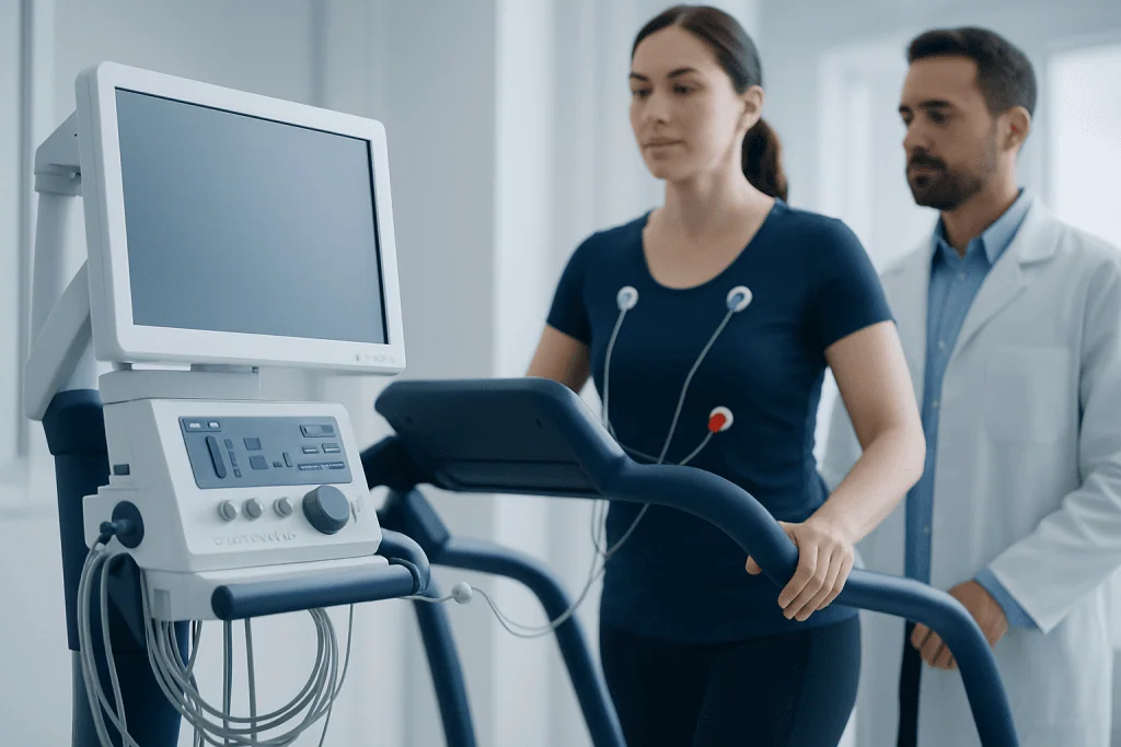 Woman undergoing a cardiovascular exercise test with medical supervision.