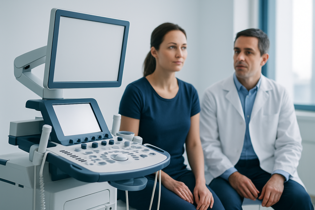 Doctor and patient in a medical consultation with ultrasound equipment.