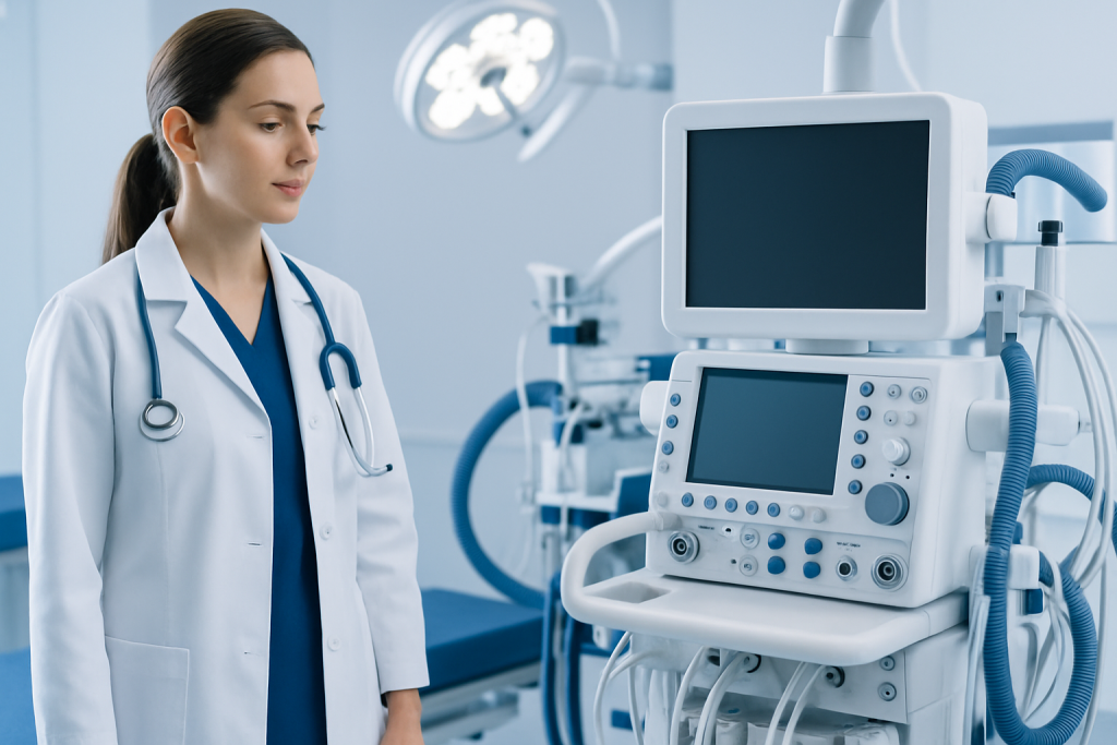 Medical professional in a hospital operating room with advanced medical equipment.