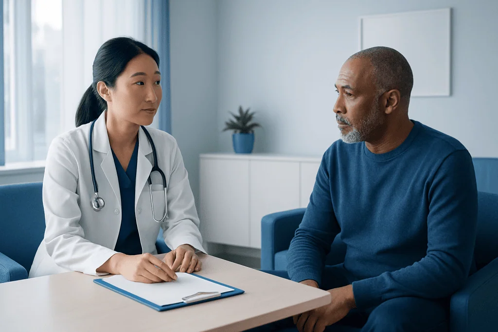 Doctor consulting with a patient in a medical office setting.
