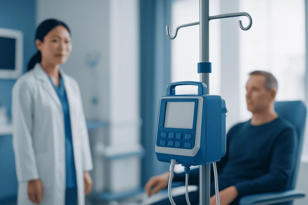 Hospital patient monitor in a medical room with a doctor and patient.