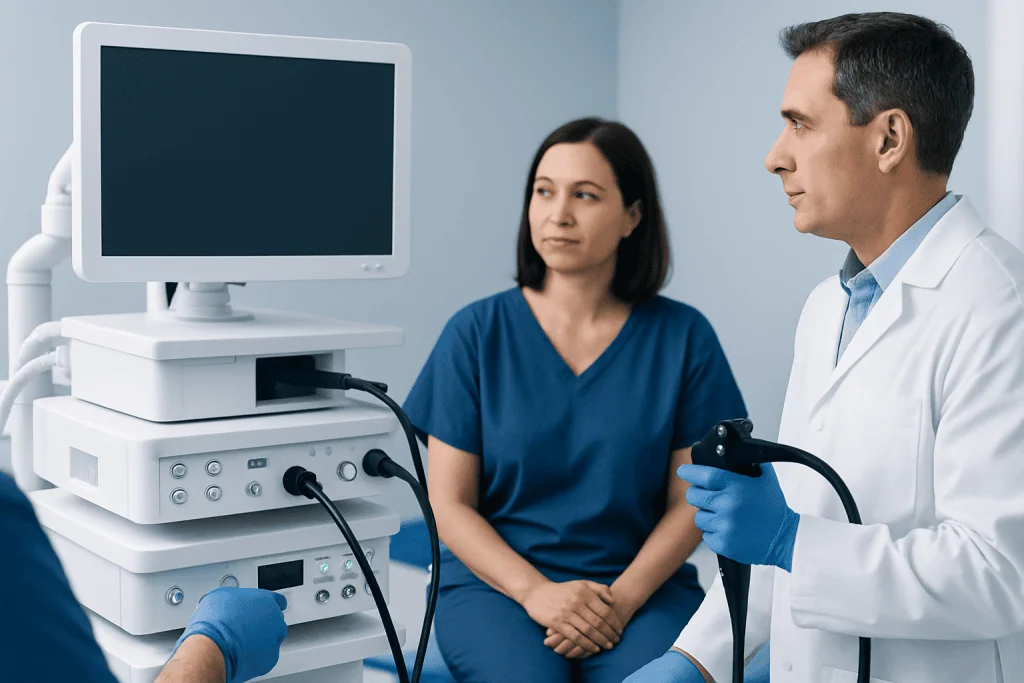 Doctor and nurse performing a medical examination with endoscopy equipment.