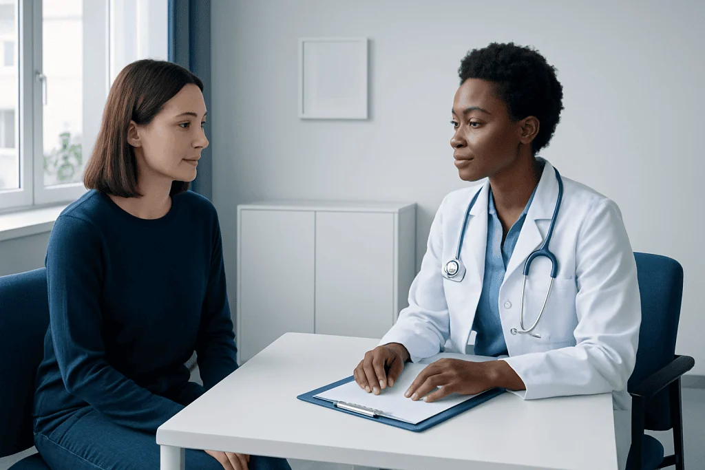 Doctor consulting with a patient in a modern medical office.
