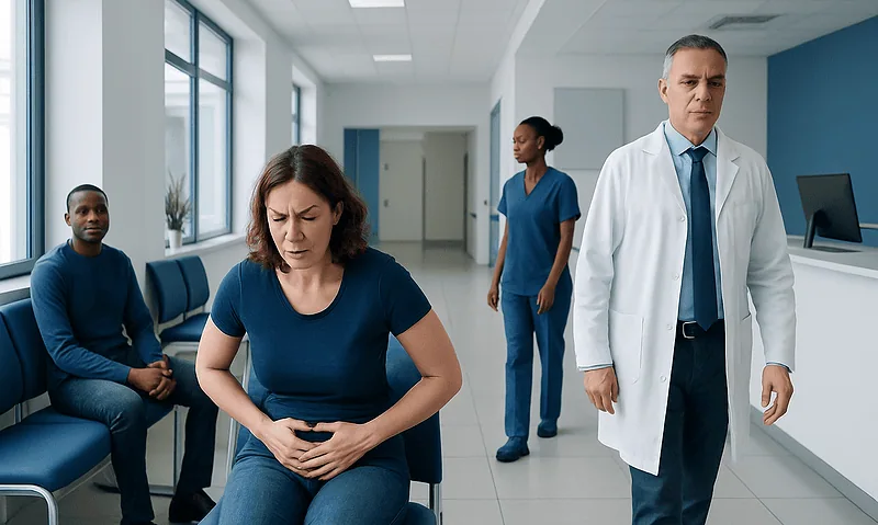 Woman experiencing abdominal pain in a hospital waiting area with medical staff nearby.