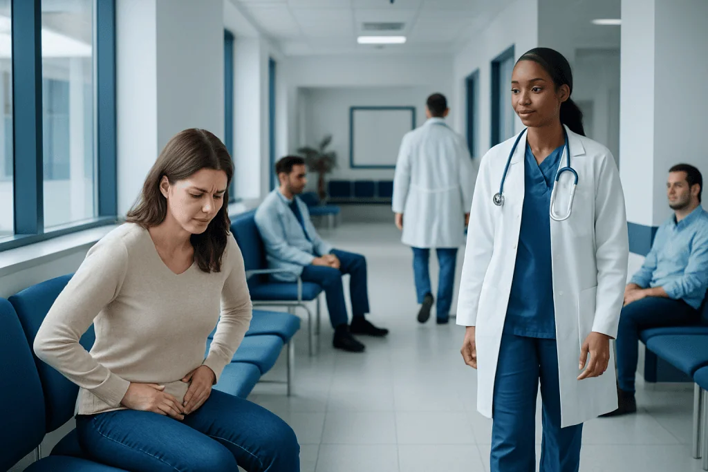 Cramps in the Vigina: A Complete Medical Overview 1 Woman experiencing abdominal pain in a hospital waiting area.