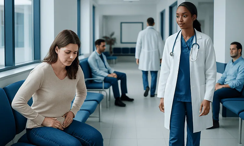 Woman experiencing abdominal pain in a hospital waiting area.