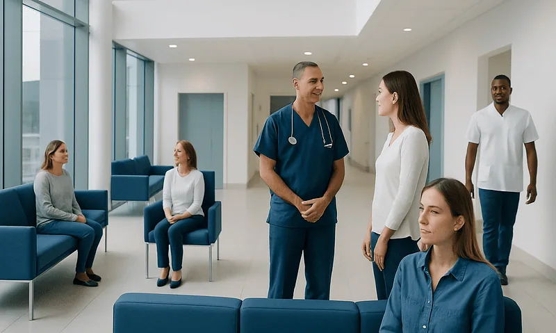 Medical staff and patients in a modern hospital waiting area.