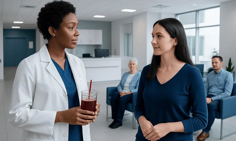 Doctor and patient having a conversation in a hospital waiting area.