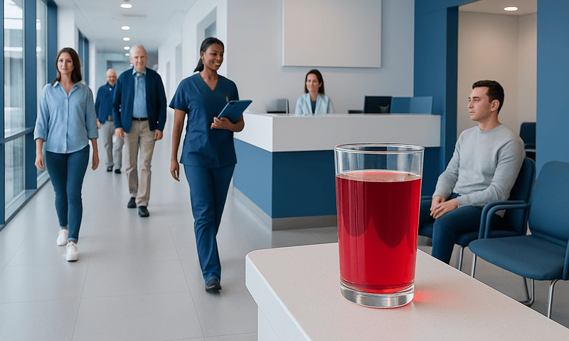 Glass of cranberry juice in a hospital waiting area with patients and staff.