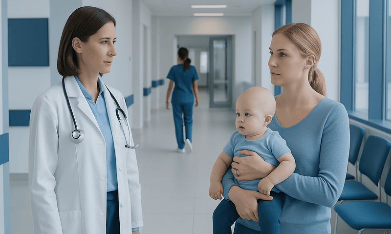 Pediatric consultation at Acibadem Hospital with doctor and mother with baby.
