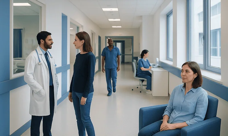Doctor talking to a patient in a hospital corridor at Acibadem Hospitals Group.