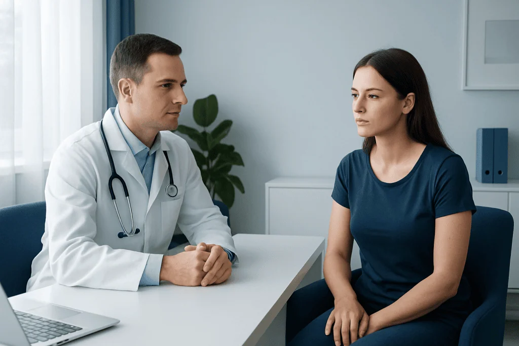 Doctor consulting with a woman patient in a medical office.