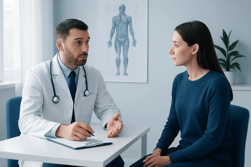 Doctor consulting with a female patient in a medical office.