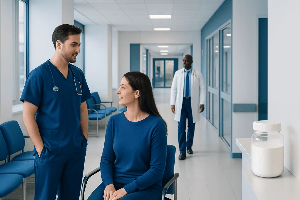 Creatine Powder — Explained by Medical Evidence, Not Myths 1 Healthcare professionals consulting with a patient in a hospital corridor.