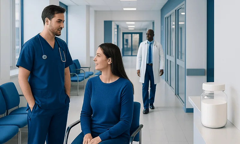 Healthcare professionals consulting with a patient in a hospital corridor.