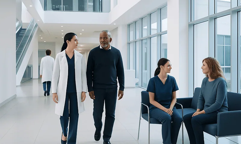 Medical professionals and patients in a modern hospital lobby.