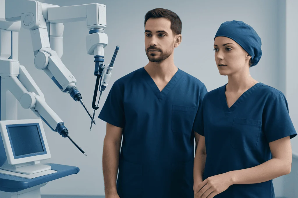 Surgeons operating with advanced robotic surgical system in hospital.