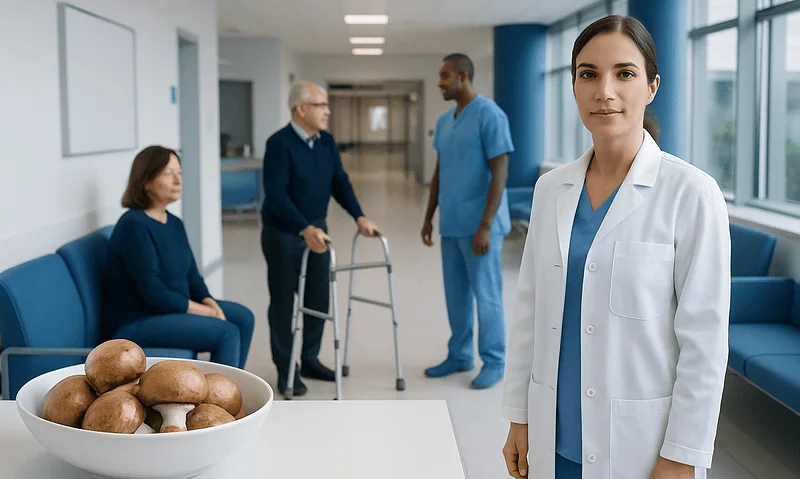 Healthcare professionals and patient in hospital corridor with mushrooms on table.