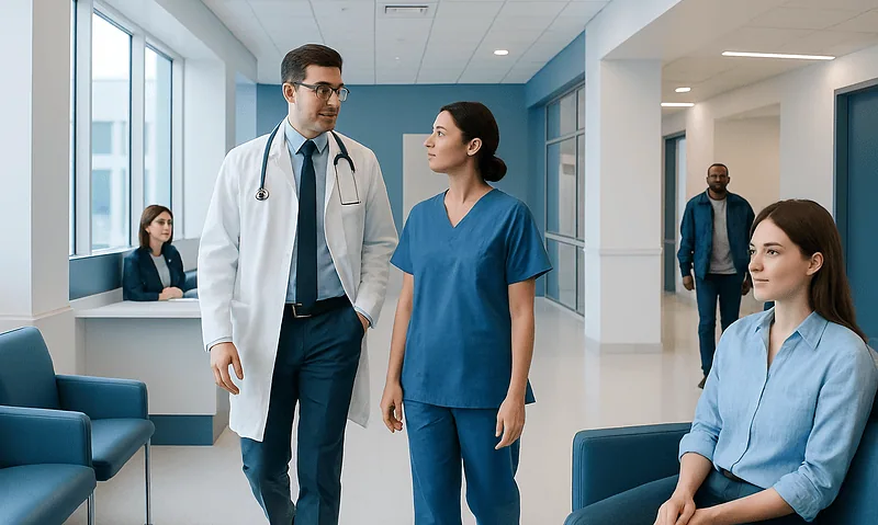 Medical team discussing patient care in hospital corridor.