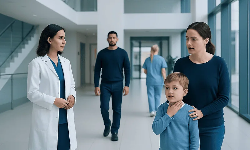 Child with cough at hospital visit with healthcare professionals.
