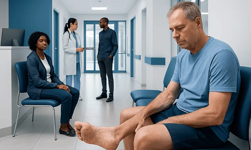 Patient with foot pain consulting with doctors in hospital corridor.