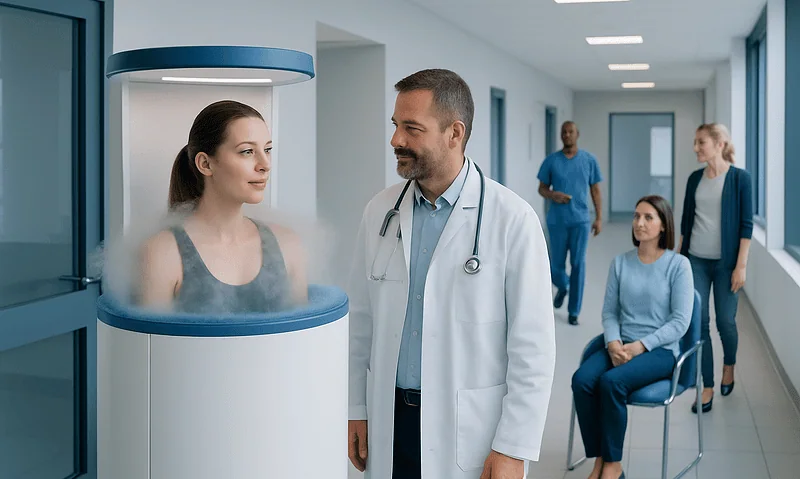 Patient undergoing cryotherapy treatment in a hospital setting.