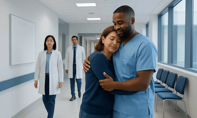 Healthcare professionals embracing in hospital corridor for patient comfort.