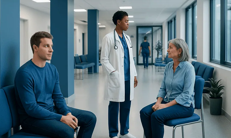 Doctor consulting with elderly female patient in hospital corridor.