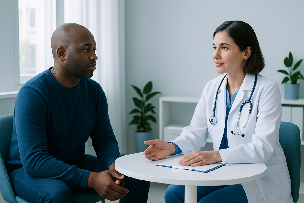 Doctor consulting with a patient in a medical office setting.