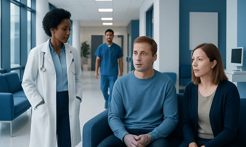 Doctor consulting with patients in a hospital corridor.