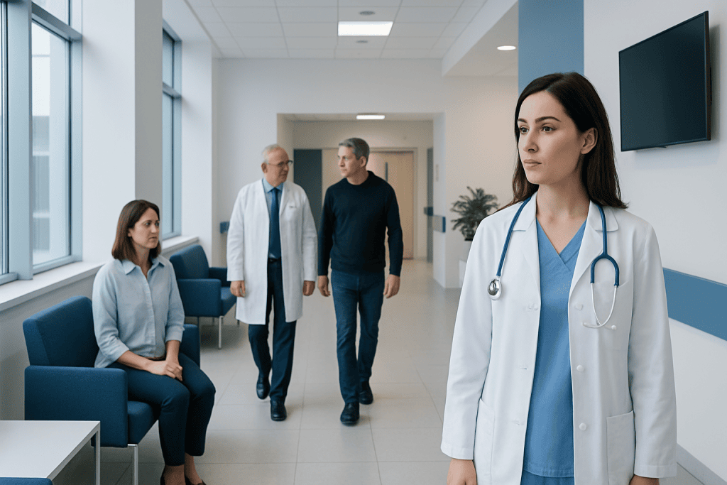 Cyclic Citrullinated Peptide: An Evidence-Based Guide for Patients 1 Medical professionals and patients in a hospital corridor at Acibadem Hospitals Group.