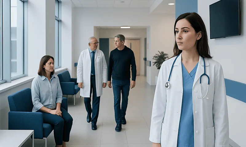 Medical professionals and patients in a hospital corridor at Acibadem Hospitals Group.