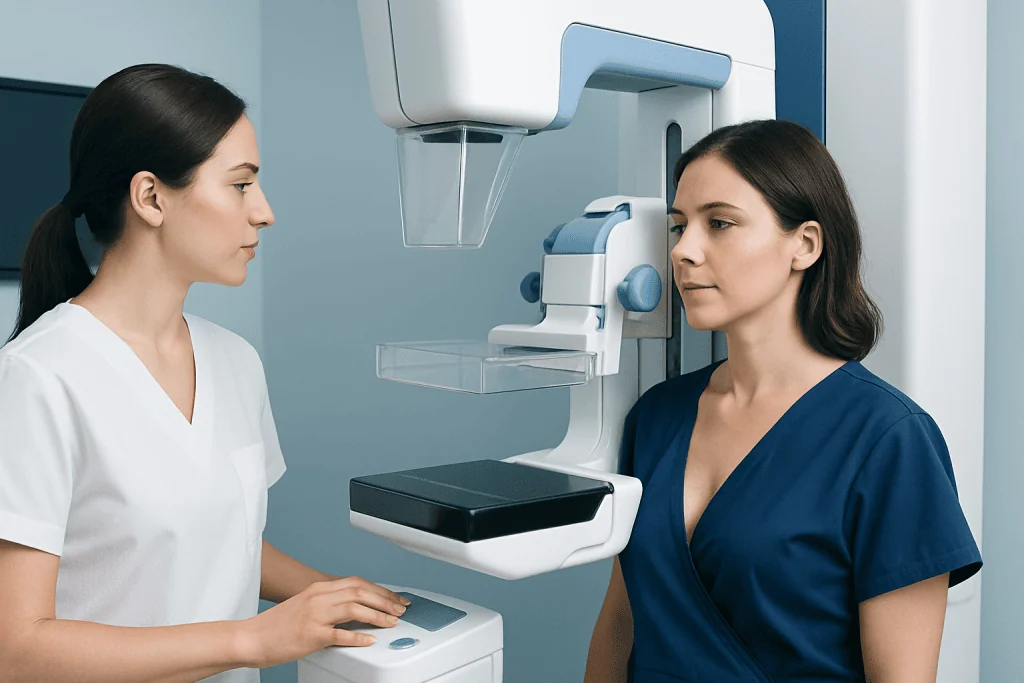 Breast cancer screening mammogram at a hospital.
