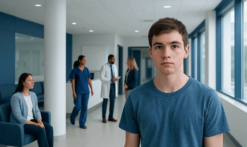 Young man waiting in a hospital corridor with medical staff in the background.