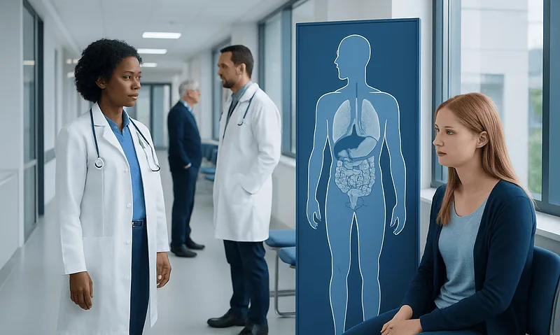 Medical consultation in hospital with a body diagram and patient.