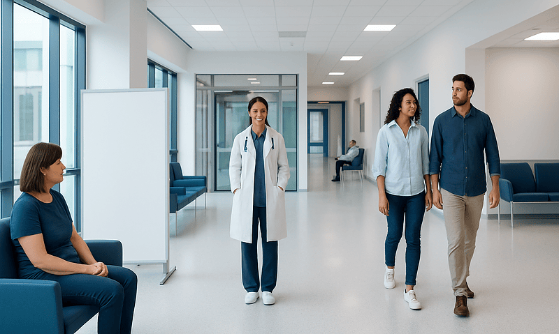 Medical professionals and patient in a hospital corridor at Acibadem Hospitals Group.