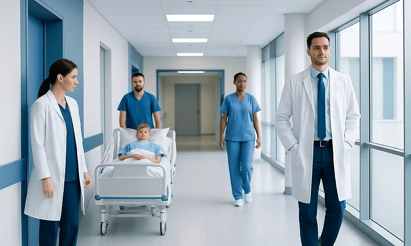 Medical team walking in hospital corridor with patient bed and doctor.