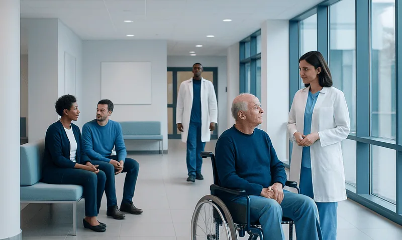 Hospital staff consulting with elderly patient in wheelchair in modern hospital corridor.