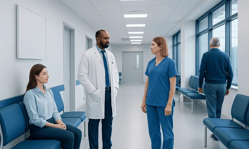 Medical professionals discussing patient care in hospital corridor.