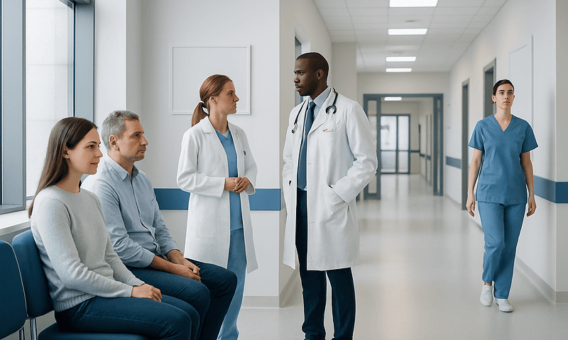 Medical team consulting with patients in hospital corridor.