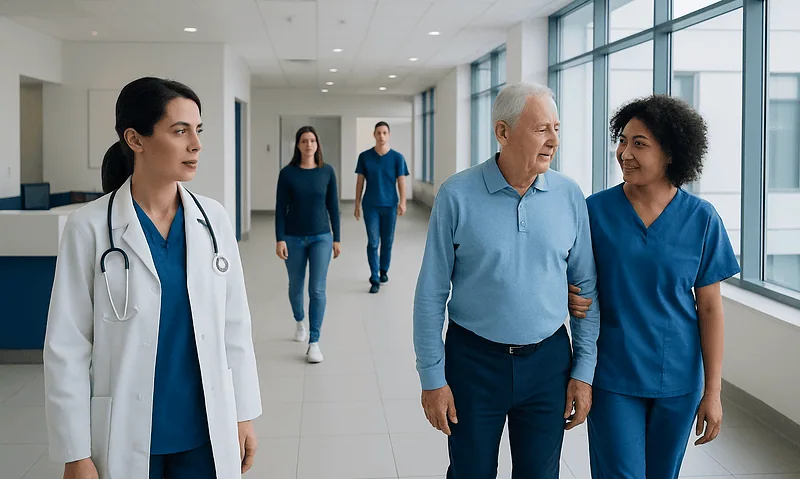 Healthcare professionals and a patient walking in a hospital corridor.
